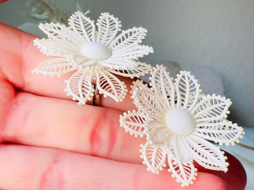 1950s White Flower Earrings, Western Germany True Vintage Molded Celluloid Floral Clip Ons