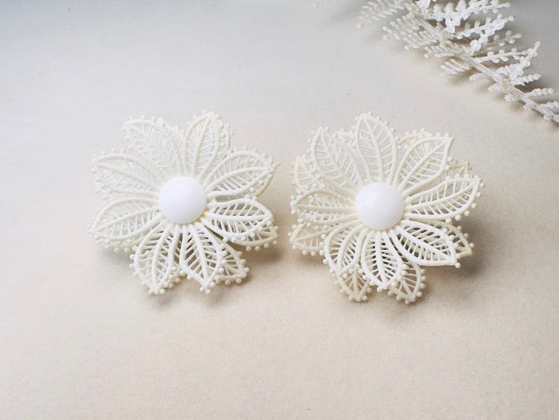 1950s White Flower Earrings, Western Germany True Vintage Molded Celluloid Floral Clip Ons