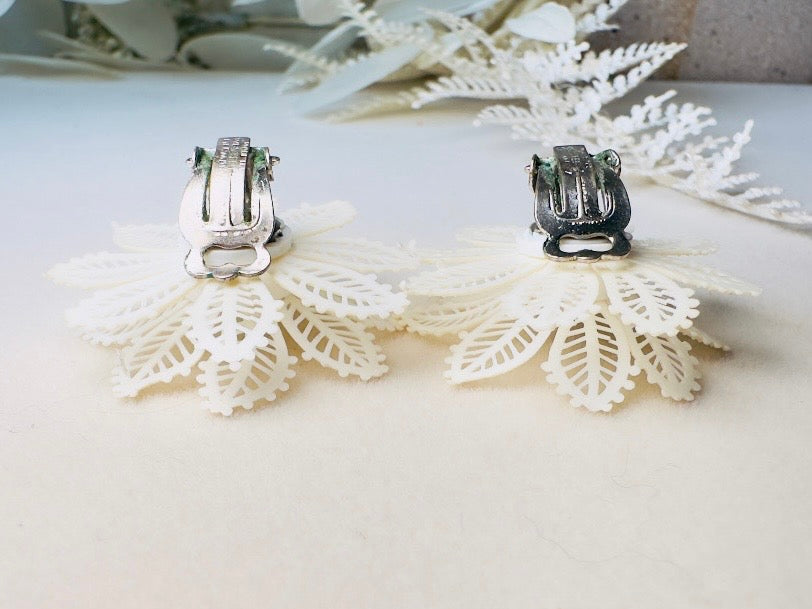 1950s White Flower Earrings, Western Germany True Vintage Molded Celluloid Floral Clip Ons