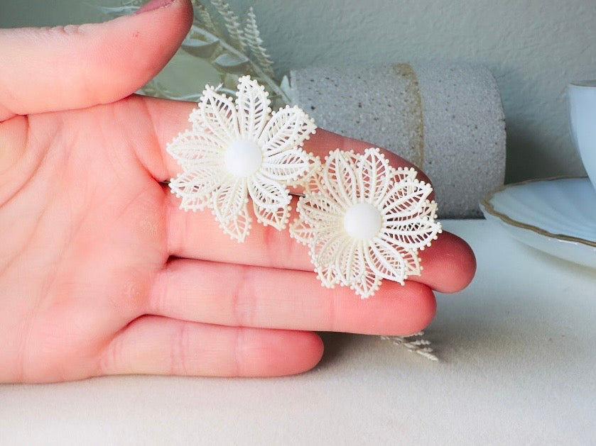 1950s White Flower Earrings, Western Germany True Vintage Molded Celluloid Floral Clip Ons