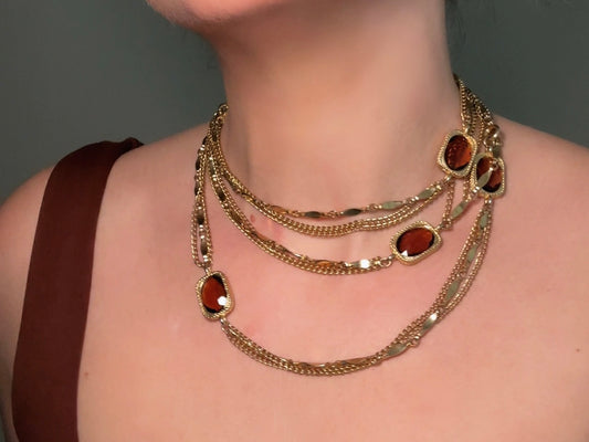 1960s Vintage Amber Crystal Long Chain Station Necklace modelled by Bethan Jayne 
