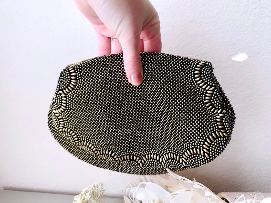 1960s Vintage Clutch, Black and Gold Beaded Evening Bag front view of bag
