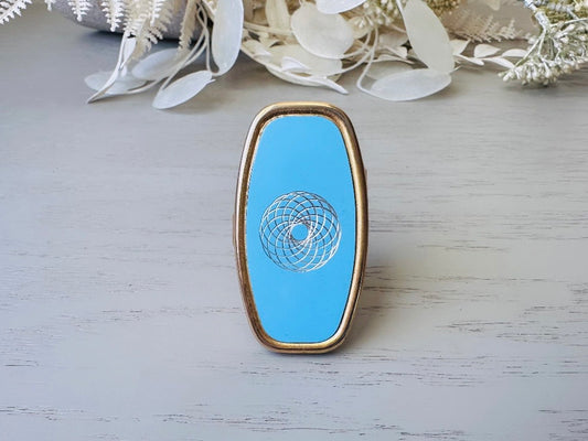 1960s Vintage Lipstick Mirror, Baby Blue Mirrored Cosmetic Case with Gold Spiral Starburst 