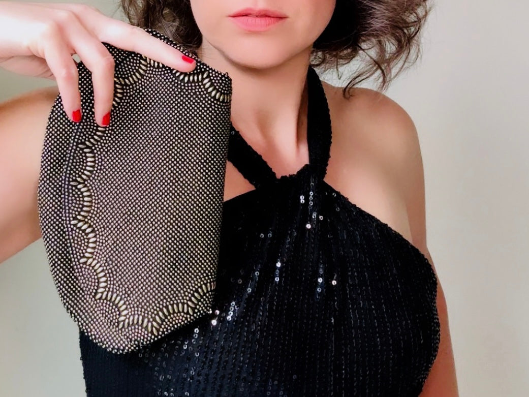 1960s Vintage Clutch, Black and Gold Beaded Evening Bag modelled