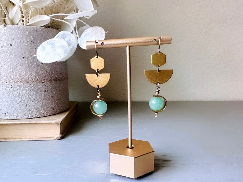 Green Aventurine + Raw Brass Earrings, Green Gemstone Bead Frame Earring, Geometric Tiered Half Moon, Boho Style Minimalist Stone Jewelry