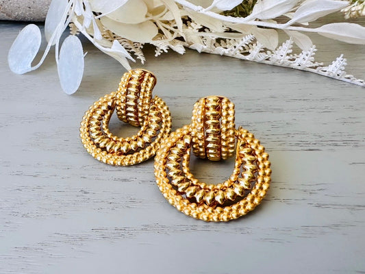 Gold Door Knocker Earrings, Glam 80s Vintage Textured Gold Hoop Clip On Earrings, 1980s Retro Fashion Earrings, Chunky Statement Earrings from Piggle and Pop