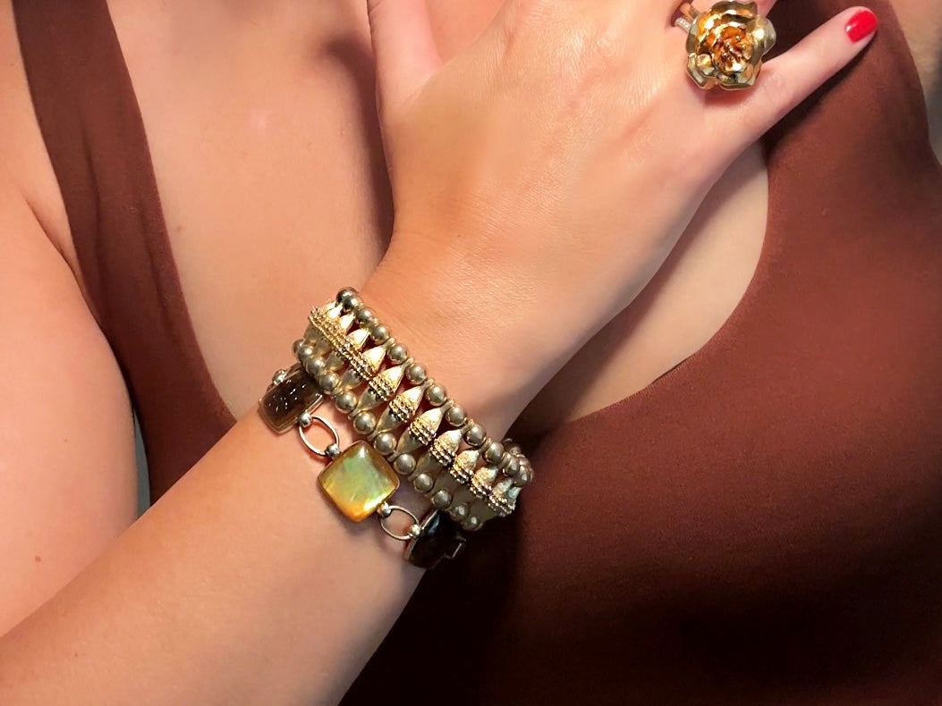 1970s Egyptian Revival Bracelet, Vintage Gold Panel Bracelet, Bold Textured Gold Chunky Bracelet with Raised Stippling