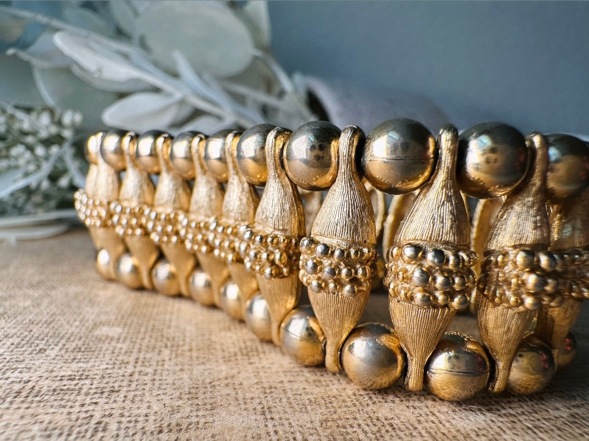 1970s Egyptian Revival Bracelet, Vintage Gold Panel Bracelet, Bold Textured Gold Chunky Bracelet with Raised Stippling