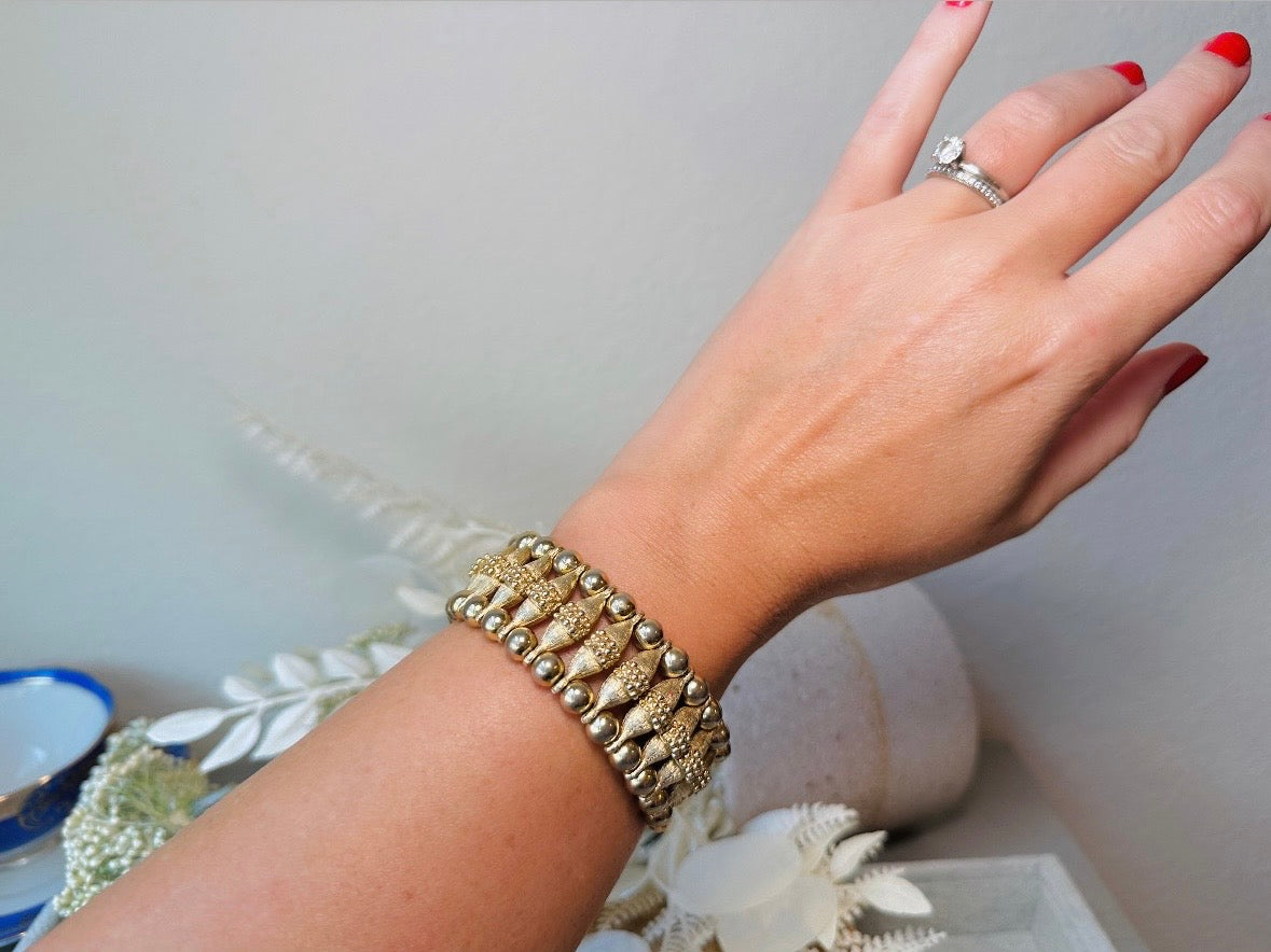 1970s Egyptian Revival Bracelet, Vintage Gold Panel Bracelet, Bold Textured Gold Chunky Bracelet with Raised Stippling