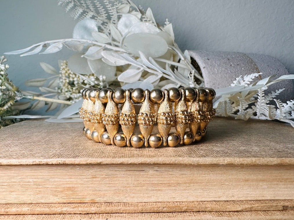 1970s Egyptian Revival Bracelet, Vintage Gold Panel Bracelet, Bold Textured Gold Chunky Bracelet with Raised Stippling
