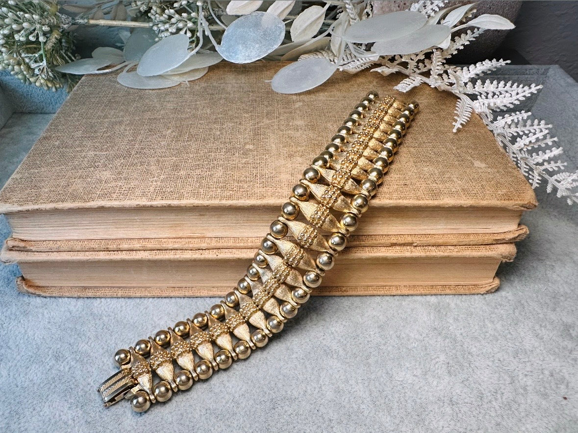1970s Egyptian Revival Bracelet, Vintage Gold Panel Bracelet, Bold Textured Gold Chunky Bracelet with Raised Stippling