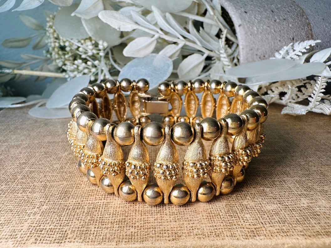 1970s Egyptian Revival Bracelet, Vintage Gold Panel Bracelet, Bold Textured Gold Chunky Bracelet with Raised Stippling