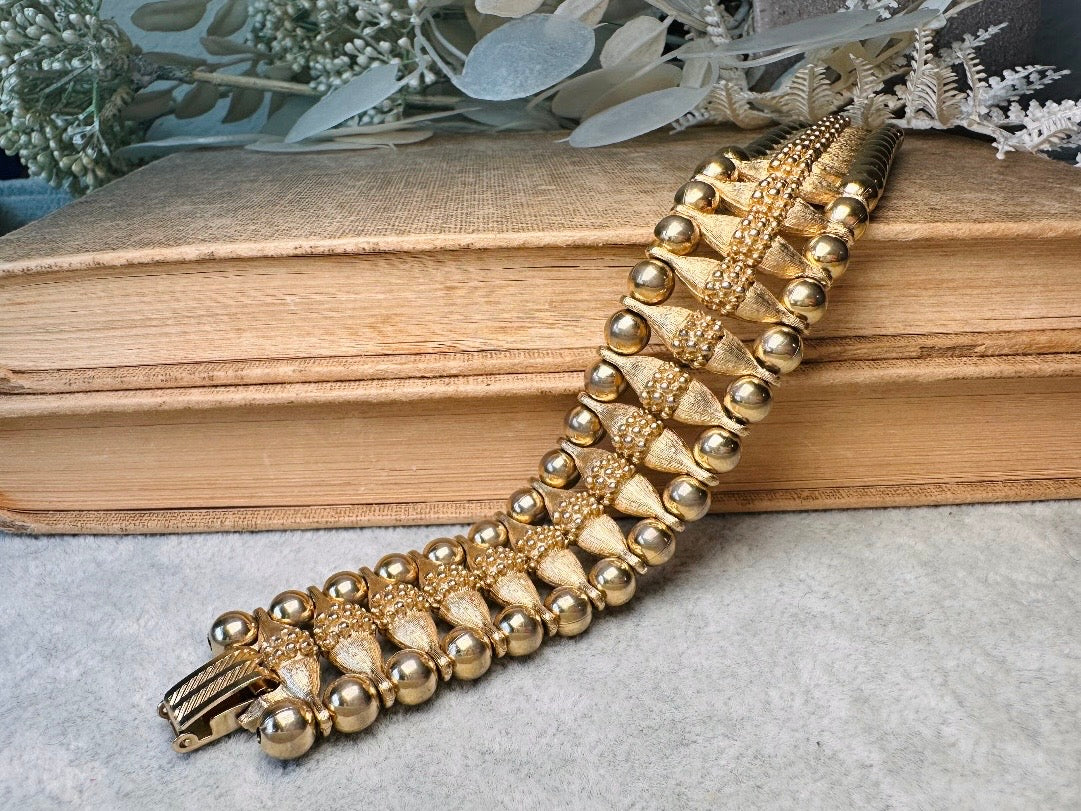 1970s Egyptian Revival Bracelet, Vintage Gold Panel Bracelet, Bold Textured Gold Chunky Bracelet with Raised Stippling