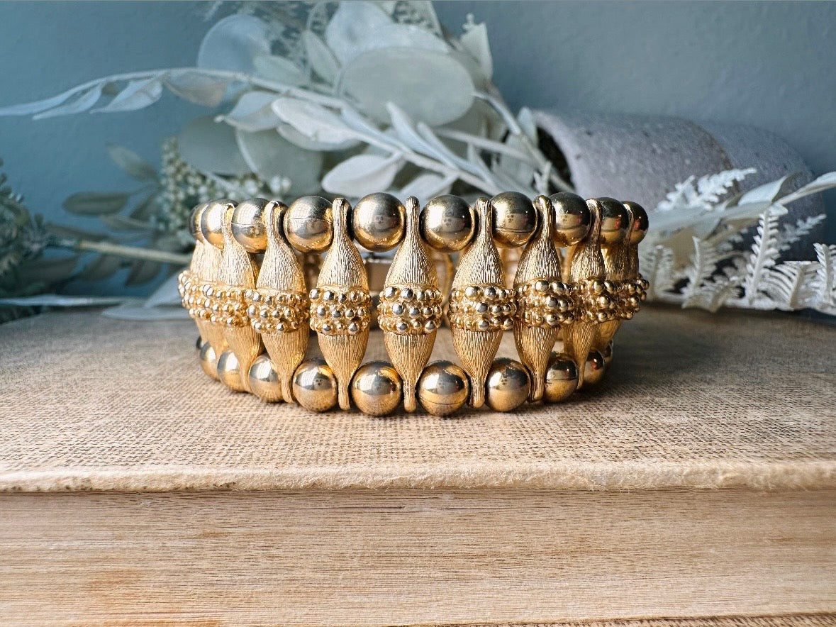 1970s Egyptian Revival Bracelet, Vintage Gold Panel Bracelet, Bold Textured Gold Chunky Bracelet with Raised Stippling