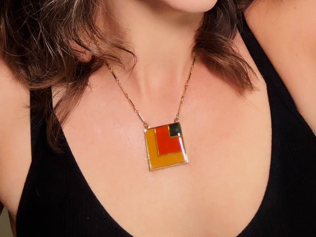 1970s Geometric Pendant Necklace, Abstract Modernist Square Enamel Chain Necklace in Black Red and Mustard Yellow, 1977 Vintage SC