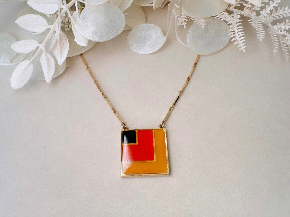1970s Geometric Pendant Necklace, Abstract Modernist Square Enamel Chain Necklace in Black Red and Mustard Yellow, 1977 Vintage SC