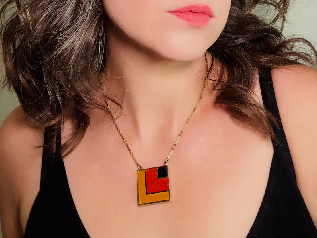 1970s Geometric Pendant Necklace, Abstract Modernist Square Enamel Chain Necklace in Black Red and Mustard Yellow, 1977 Vintage SC
