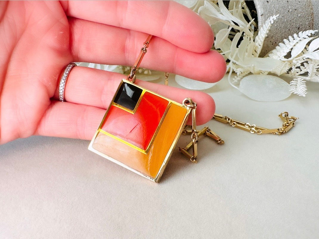 1970s Geometric Pendant Necklace, Abstract Modernist Square Enamel Chain Necklace in Black Red and Mustard Yellow, 1977 Vintage SC