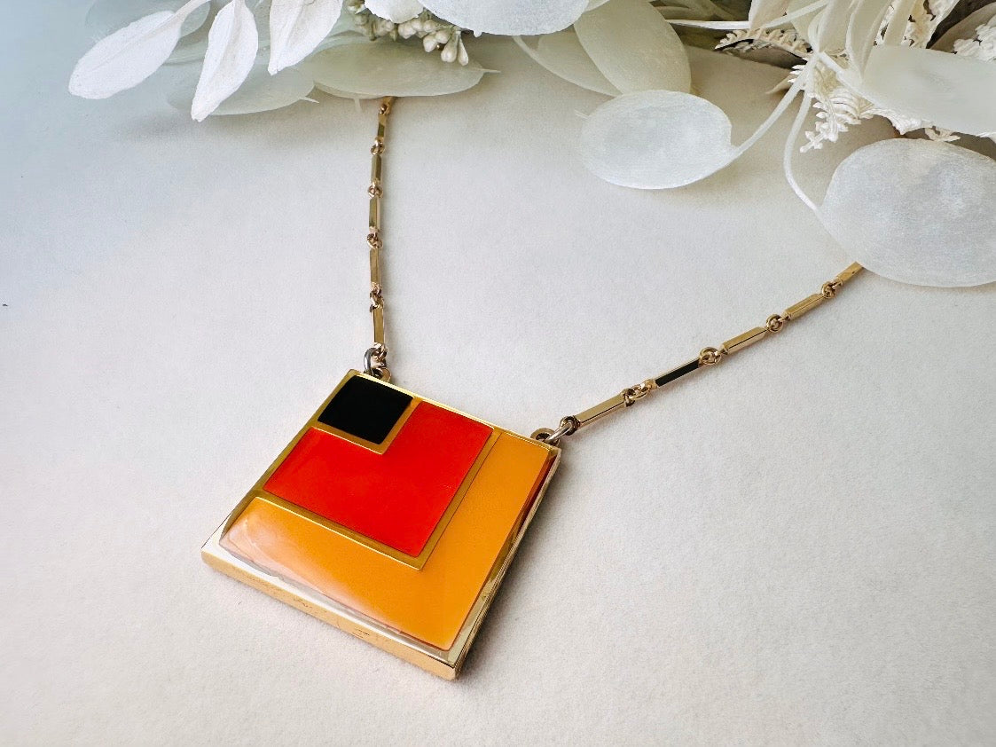 1970s Geometric Pendant Necklace, Abstract Modernist Square Enamel Chain Necklace in Black Red and Mustard Yellow, 1977 Vintage SC
