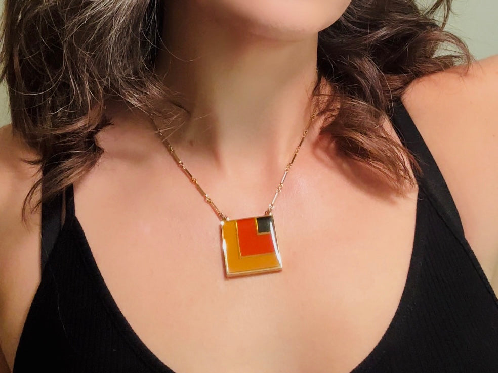 1970s Geometric Pendant Necklace, Abstract Modernist Square Enamel Chain Necklace in Black Red and Mustard Yellow, 1977 Vintage SC
