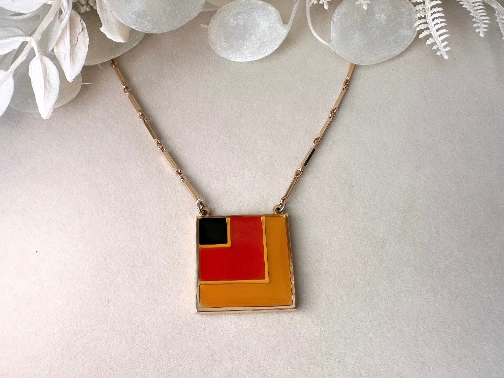 1970s Geometric Pendant Necklace, Abstract Modernist Square Enamel Chain Necklace in Black Red and Mustard Yellow, 1977 Vintage SC