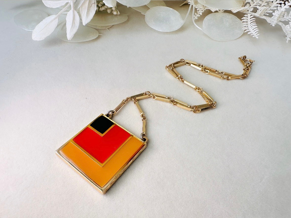 1970s Geometric Pendant Necklace, Abstract Modernist Square Enamel Chain Necklace in Black Red and Mustard Yellow, 1977 Vintage SC