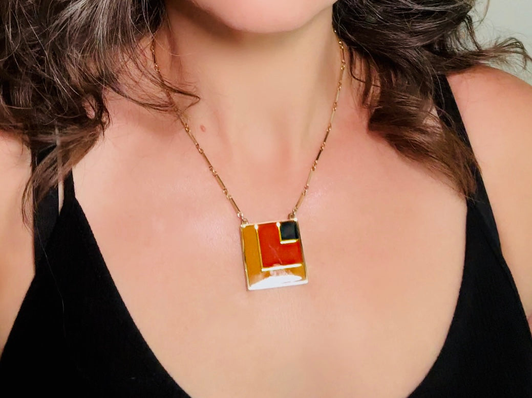 1970s Geometric Pendant Necklace, Abstract Modernist Square Enamel Chain Necklace in Black Red and Mustard Yellow, 1977 Vintage SC