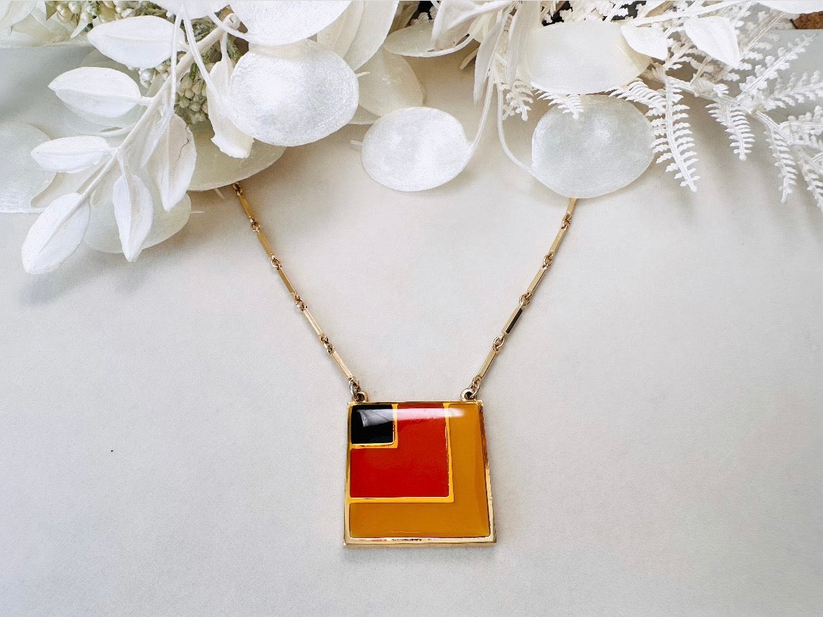 1970s Geometric Pendant Necklace, Abstract Modernist Square Enamel Chain Necklace in Black Red and Mustard Yellow, 1977 Vintage SC