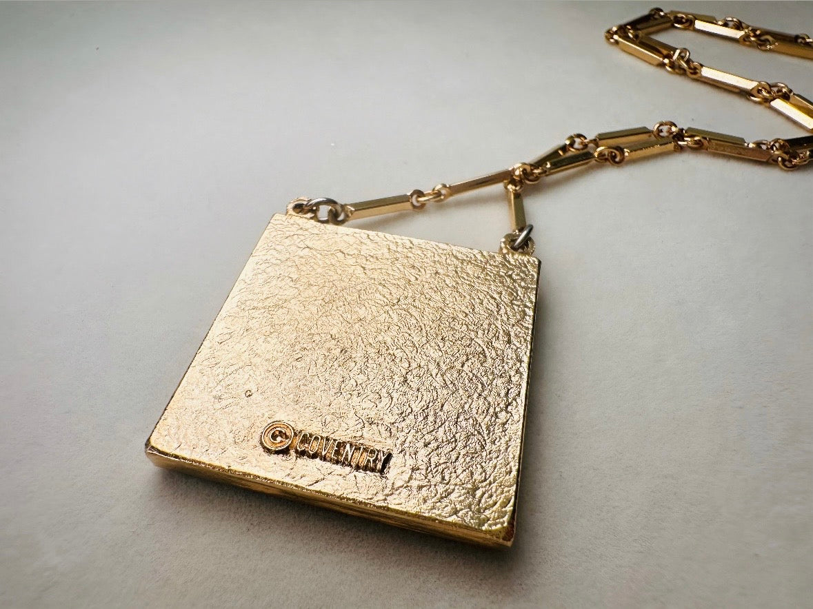 1970s Geometric Pendant Necklace, Abstract Modernist Square Enamel Chain Necklace in Black Red and Mustard Yellow, 1977 Vintage SC