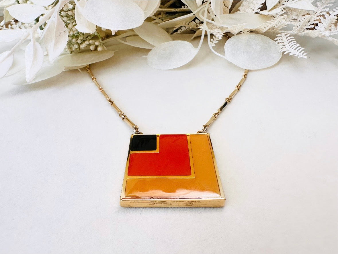1970s Geometric Pendant Necklace, Abstract Modernist Square Enamel Chain Necklace in Black Red and Mustard Yellow, 1977 Vintage SC