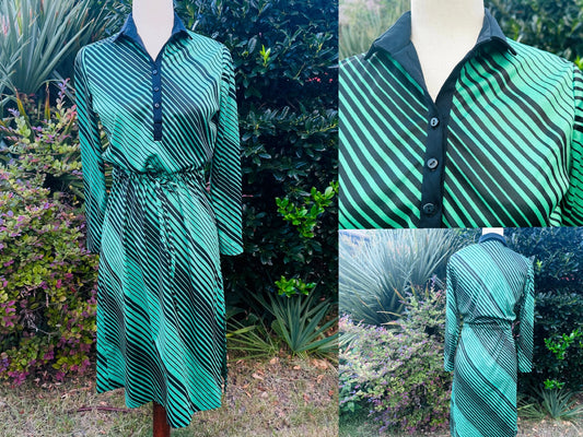 1970s Vintage Dress, Black and Green Striped Mod A-Line, Shirtwaist Collared Secretary Day Dress, Geometric Stripe Print Sleeves, Size Small from Piggle and Pop