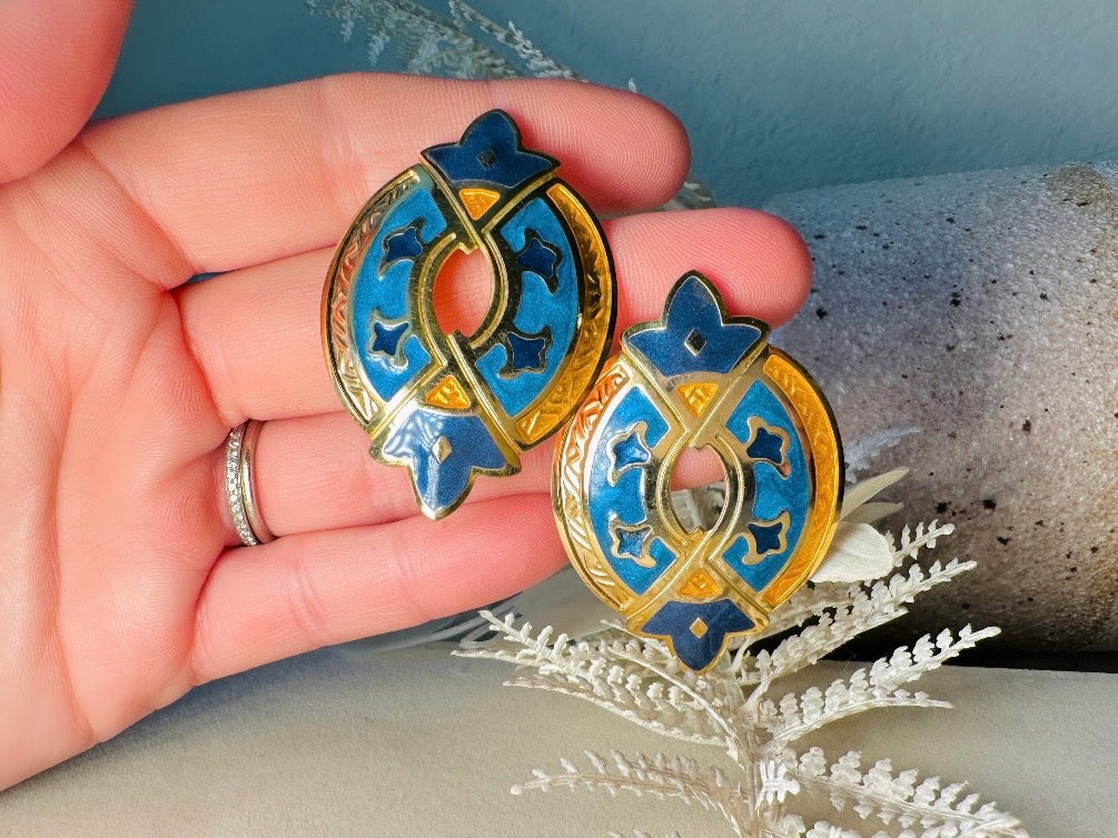 Blue and Gold Etruscan Earrings, Vintage Berebi Enamel Earrings, Grecian Oversized Statement Earrings