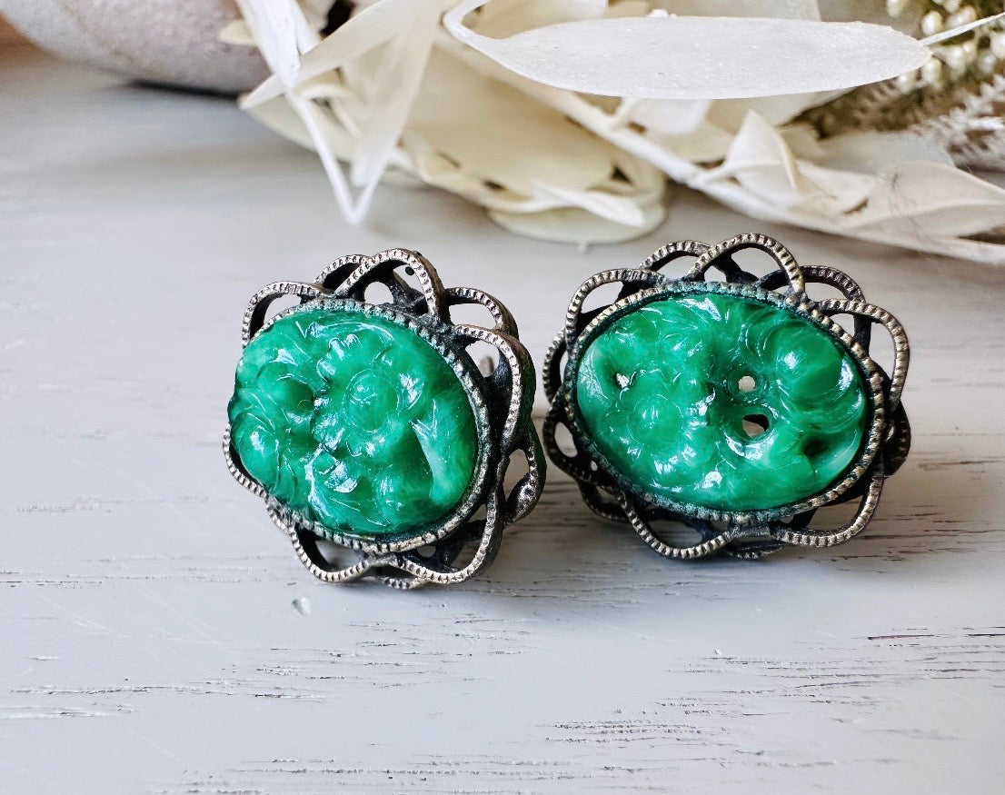 Green Vintage Earrings, Faux Carved Jade 1960s Clip On Earrings, Green Cabochon Earrings in Antique Bronze Filigree Cameo Earrings