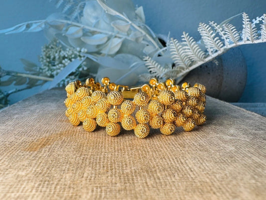 1980s Chunky Gold Bracelet, Vintage Textured Burnished Gold Panel Bracelet, Triple Row Honeycomb Link Bracelet
