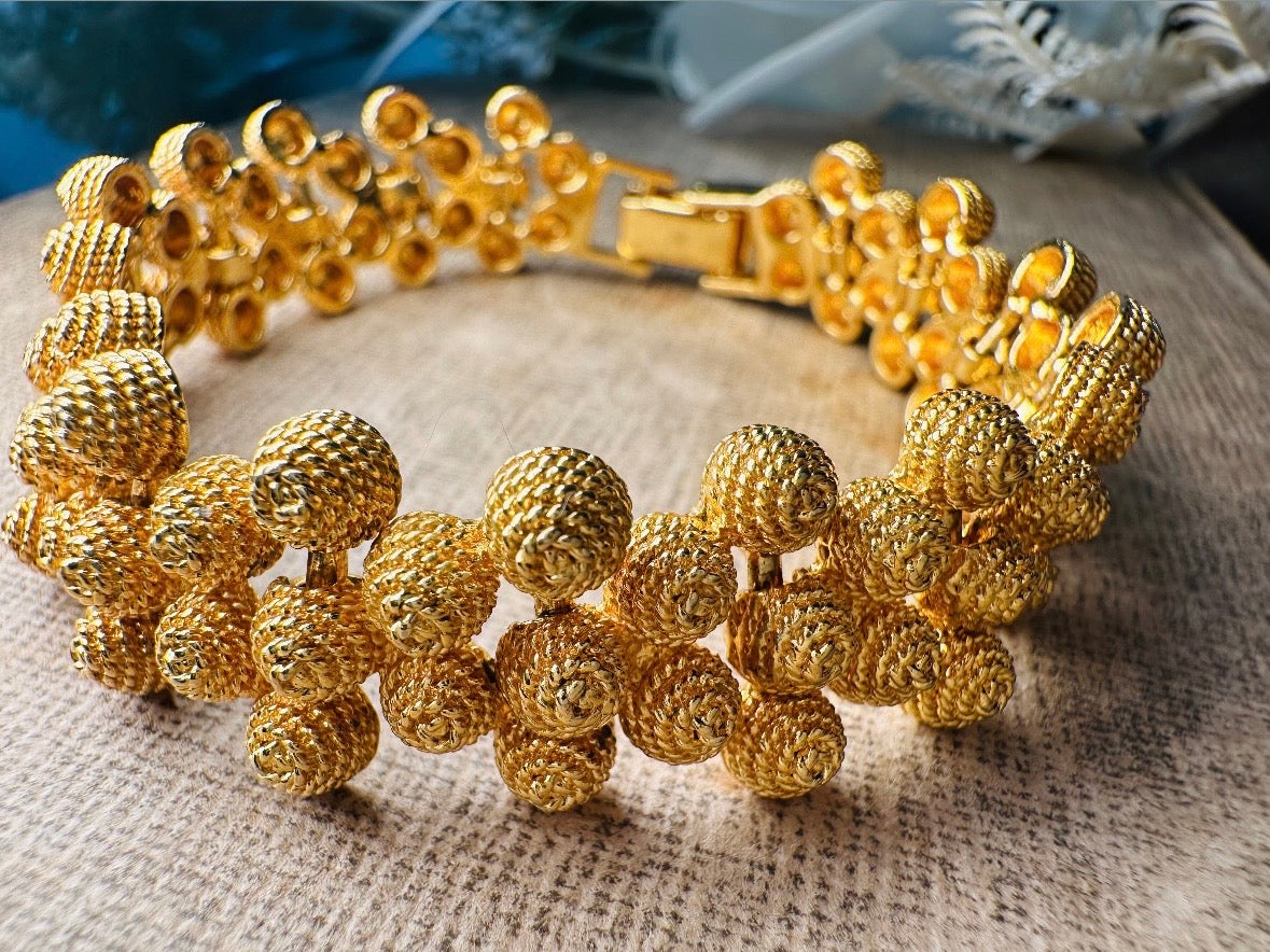 1980s Chunky Gold Bracelet, Vintage Textured Burnished Gold Panel Bracelet, Triple Row Honeycomb Link Bracelet