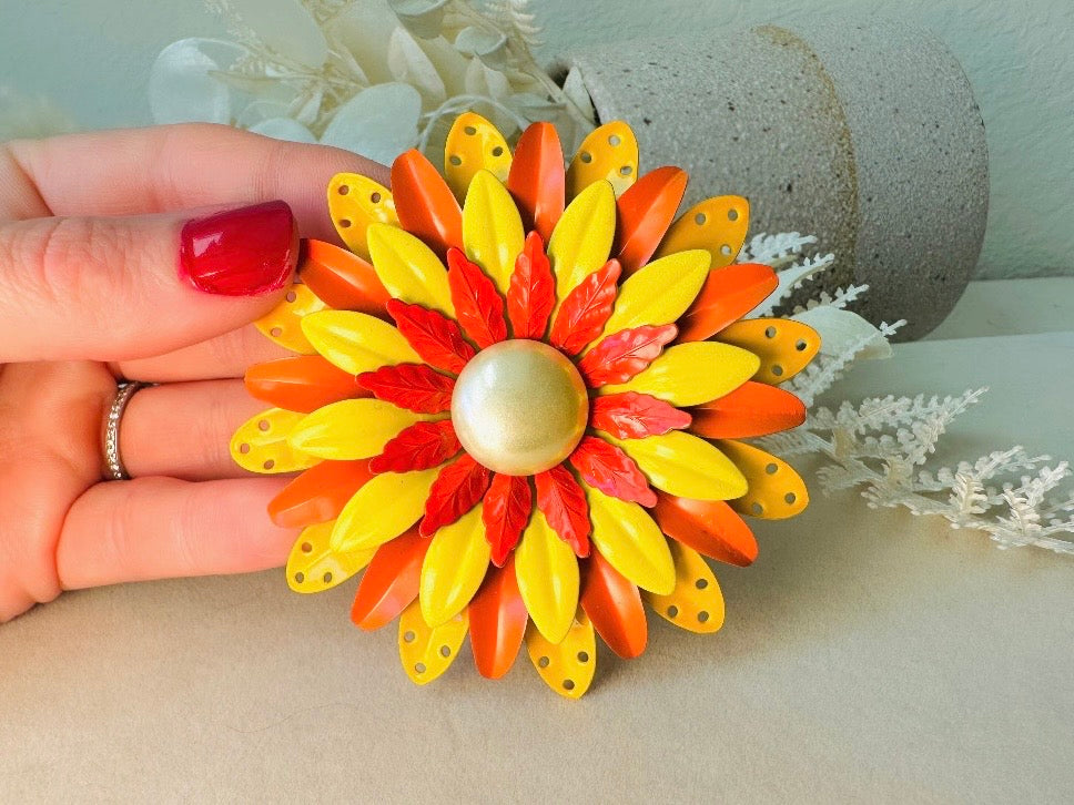 Huge Vintage Flower Brooch, Oversized 1960s Mod Flower Power Enamel Pin in Yellow Orange + Red, Colorful Floral Pin with Pearl Center