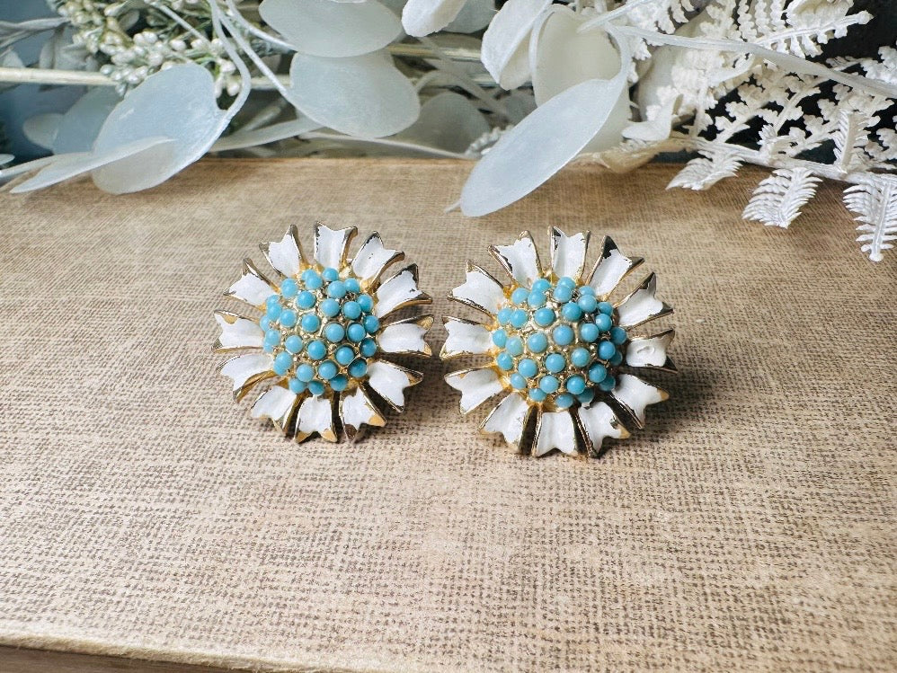 Vintage WEISS Earrings, Gold Tone Cream Enamel Flower Earrings with Tiffany Blue Beaded Centers, Designer Vintage Floral Clip On Earrings