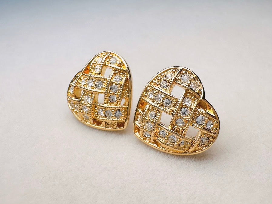 Napier Heart Earrings, Woven Gold Pave Crystal Designer Vintage Earrings