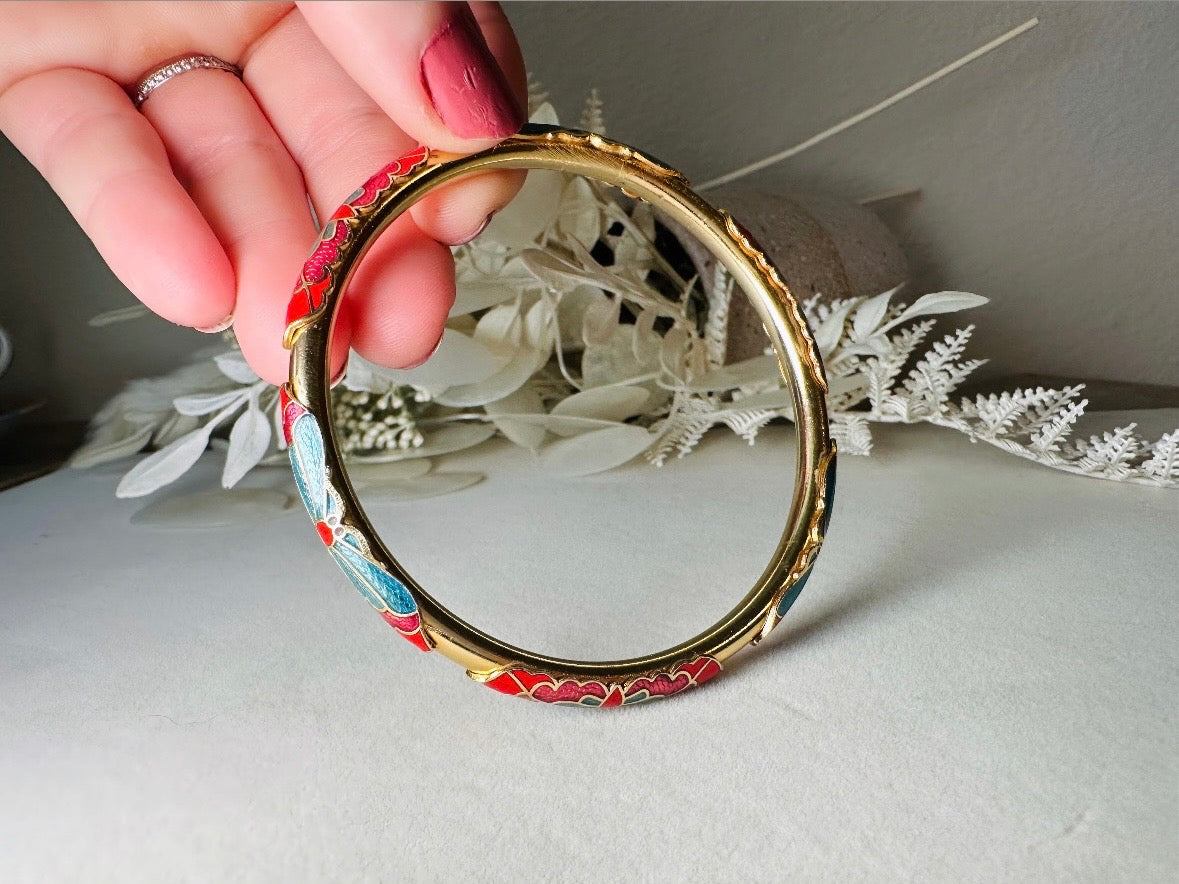 Vintage Cloisonne Skinny Butterfly Bracelet in Blue and Red