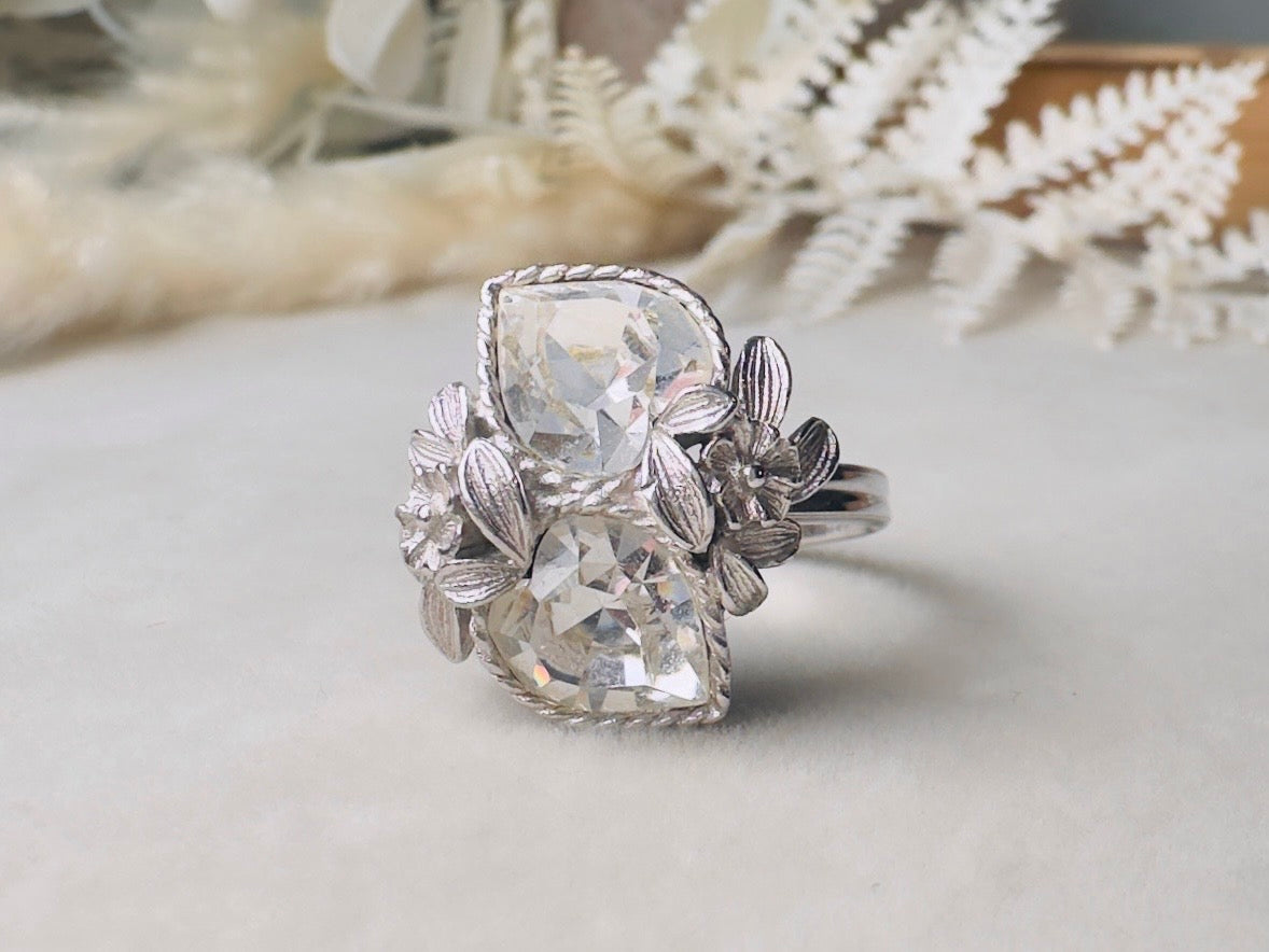 Vintage Heart Ring, 1970s Double Heart Love Story Ring, Diamond April Birthstone Cocktail Ring, Silver Rhinestone Heart Vintage Ring