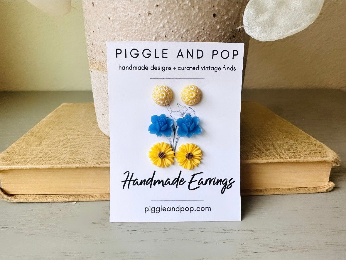 Blue and Yellow Flower Earrings Gift Set, Cute Country Floral Hypoallergenic Surgical Steel Stud Earring, Yellow Gerber Daisy Earrings FSE3