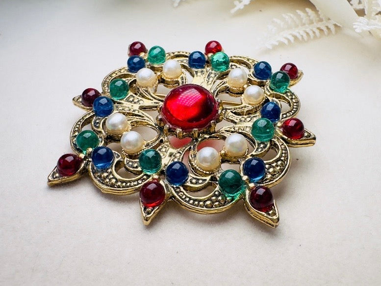 Vintage Maltese Cross Brooch Pin, Ornate Byzantine Jewel Tone Glass Cabochons, Faux Pearls & Intricate Gold Tone Openwork Filigree