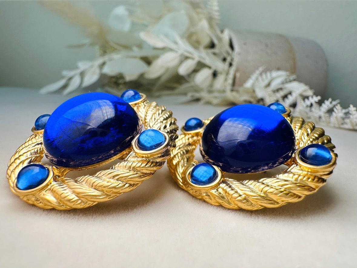 Cobalt Blue Gold Rope Earrings, Vintage Park Lane Earrings with Deep Blue Glowing Cabochons