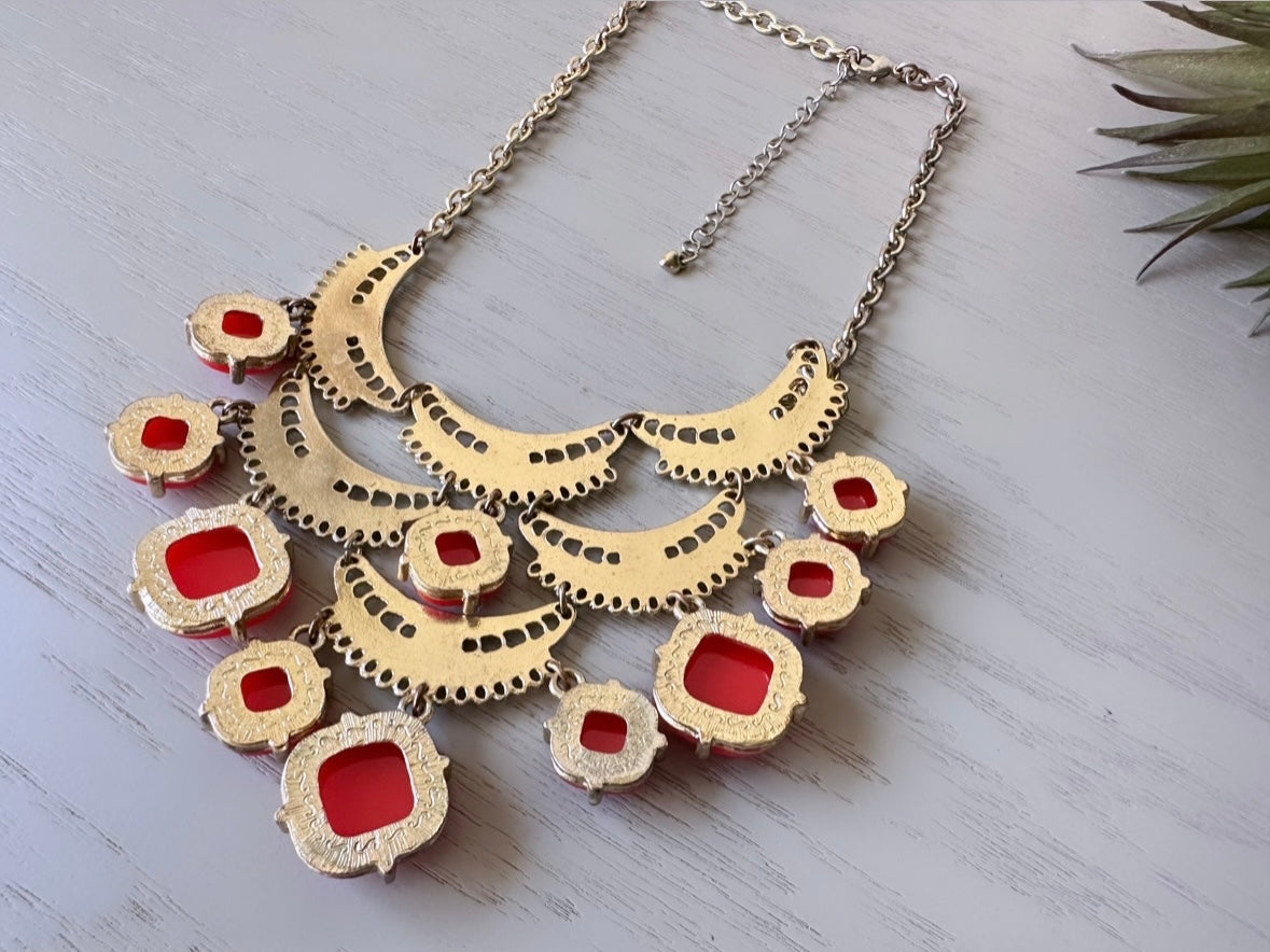 Red and Gold Vintage Statement Necklace, Bubble Bib Necklace, Gold Filigree Fan and Red Rhinestone Cocktail Necklace, Big Holiday Necklace