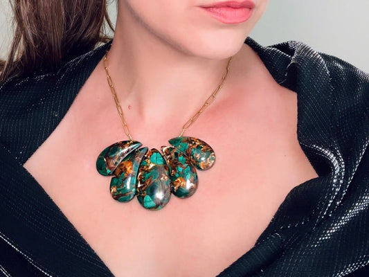 Green Malachite Bronzite Handmade Wire Wrapped Gemstone + 18Kt Gold Necklace, Oversized Statement Choker, Gorgeous Green Gemstone Necklace