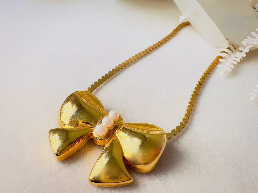 Gold Bow Necklace, Vintage Marvella Slide Pendant Necklace with Tiny Pearl Accents, Gold Ribbon Necklace on 18" Serpentine Chain