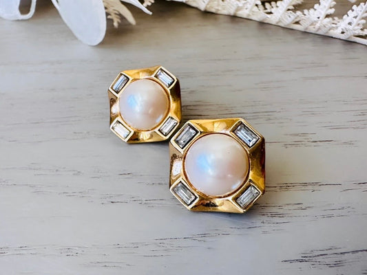 Vintage Monet Earrings, Diamond Baguette Rhinestone & Faux Pearl Cabochon Clip On Earrings