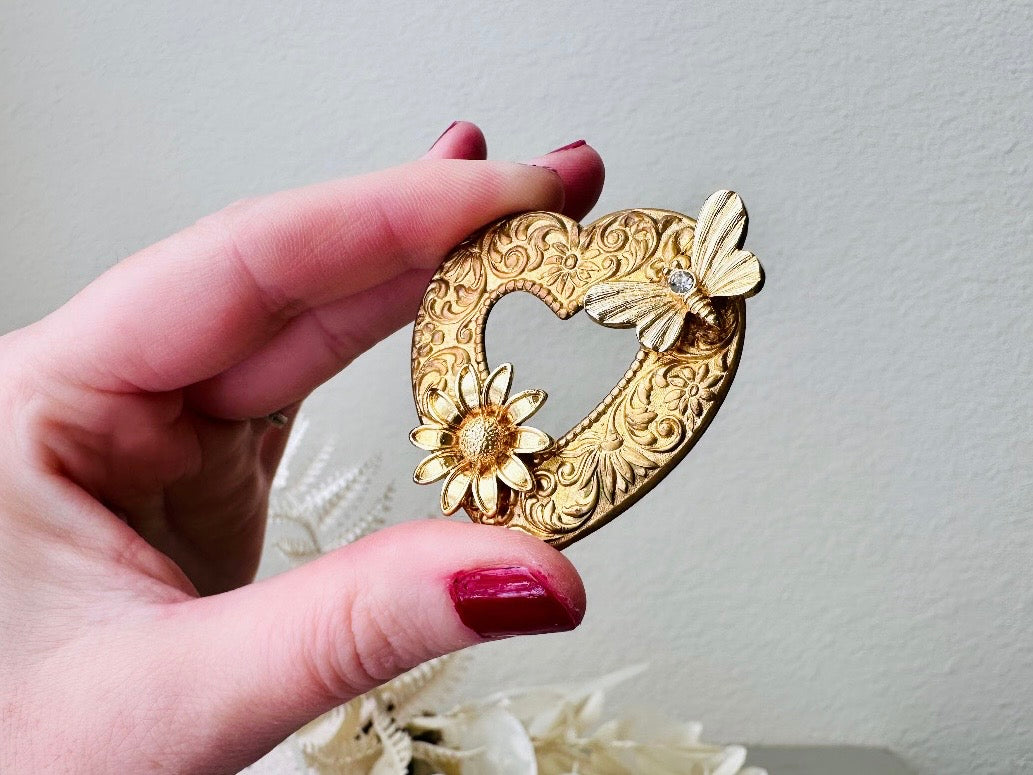 Vintage Heart Brooch, Romantic Regency Era Embossed Gold Heart Pin with Intricate Scrollwork, Raised Sunflower and Rhinestone Butterfly