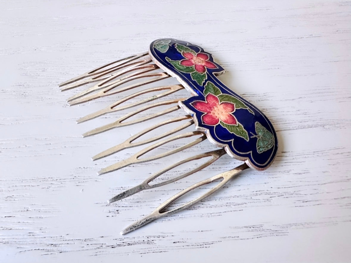 Vintage Cloisonné Hair Comb, Whimsical Cobalt Blue Pink Butterfly and Flowers Silver Tone Pink & Blue Floral Cloisonne Vintage Comb Unmarked