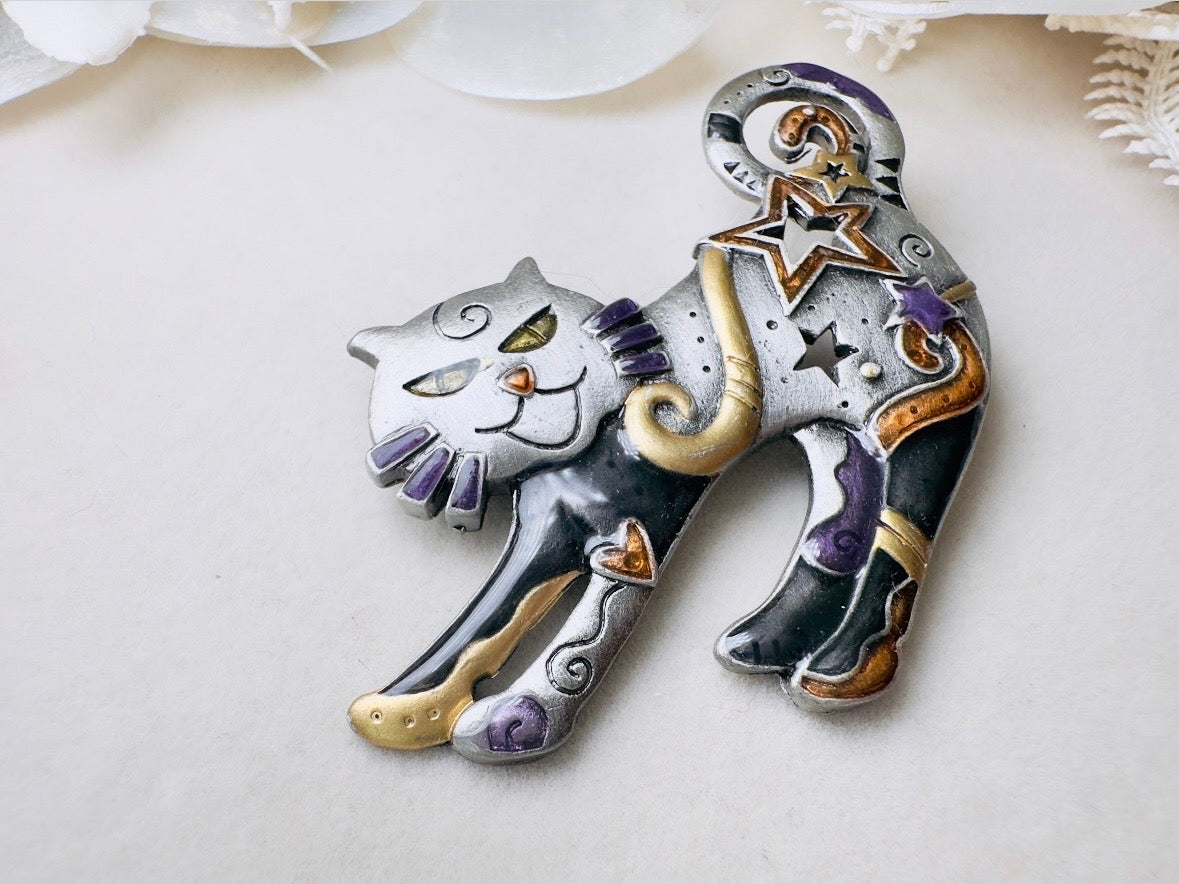 Vintage Cat Brooch, Celestial Pewter Brooch with Enamel Star Accents
